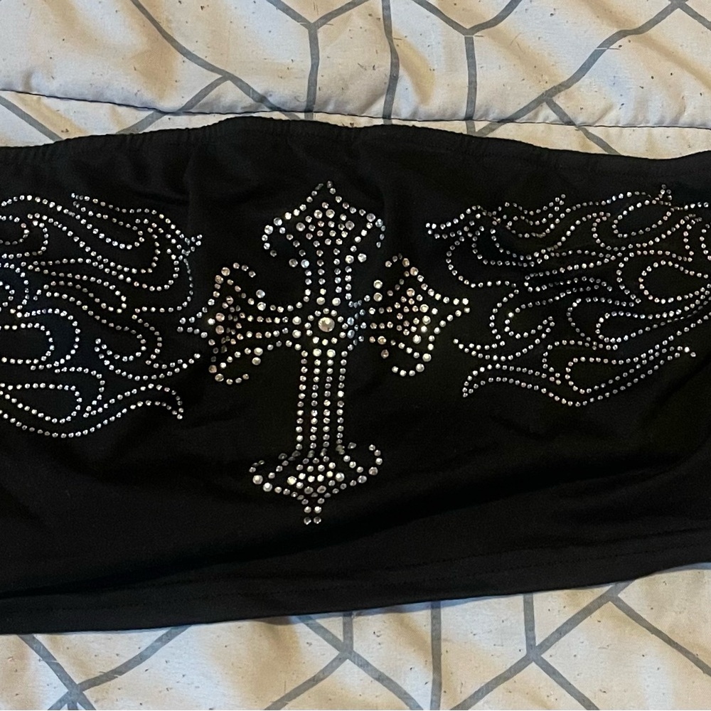 SHEIN Black Rhinestone Cross Tube Top